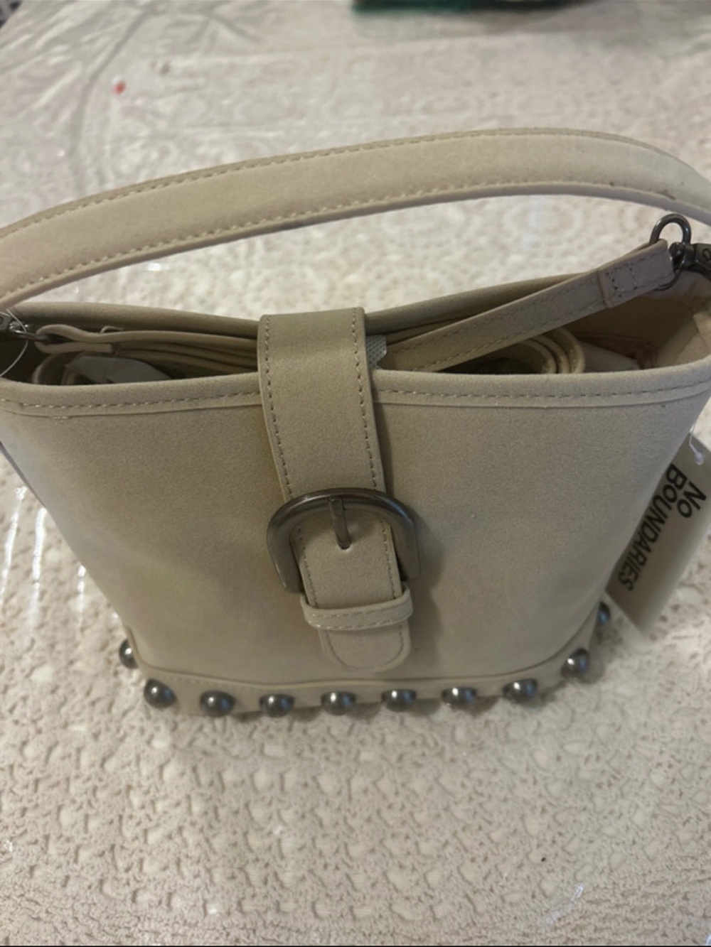 No Boundaries Beige Bucket Bag with Gunmetal Stud Trim super cute